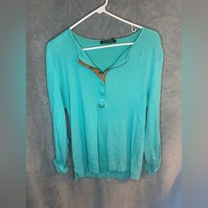 Ralph Lauren women’s three-quarter sleeve, teal zipper down shirt size large